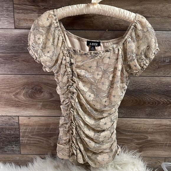 A.Byer Ladies Ruched Lace Ruffled Short Sleeves Top Blouse SZ Med Y2K - Picture 2 of 7